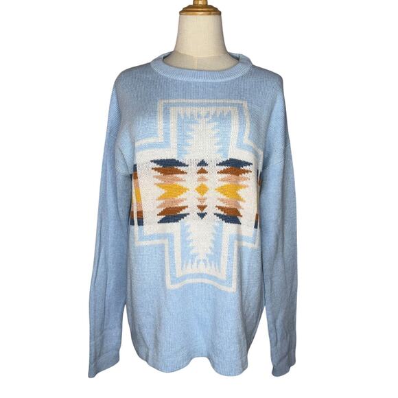 Pendleton Sweaters - Pendleton Woolen Mills Light Blue Aztec Sweater Top Pullover Cotton Size Medium